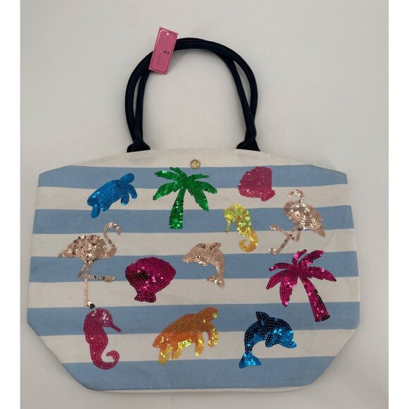 Simply Southern Sequin Beach Tote Bag With Navy Handles - Picture 1 of 7